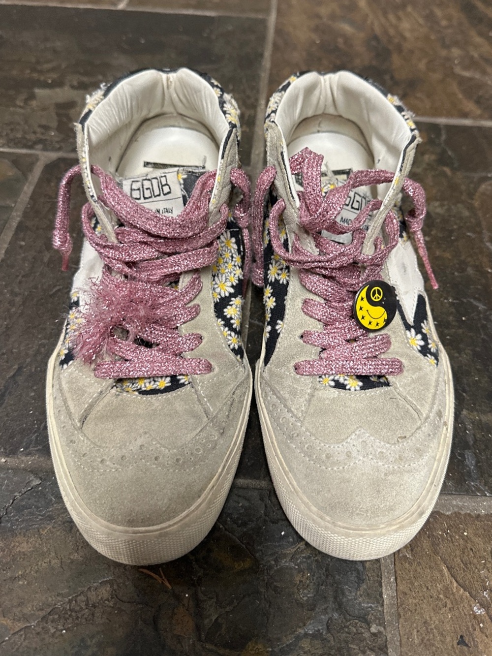Golden Goose Mid Star Daisy Floral Sneakers Size 37 Pink Glitter Laces